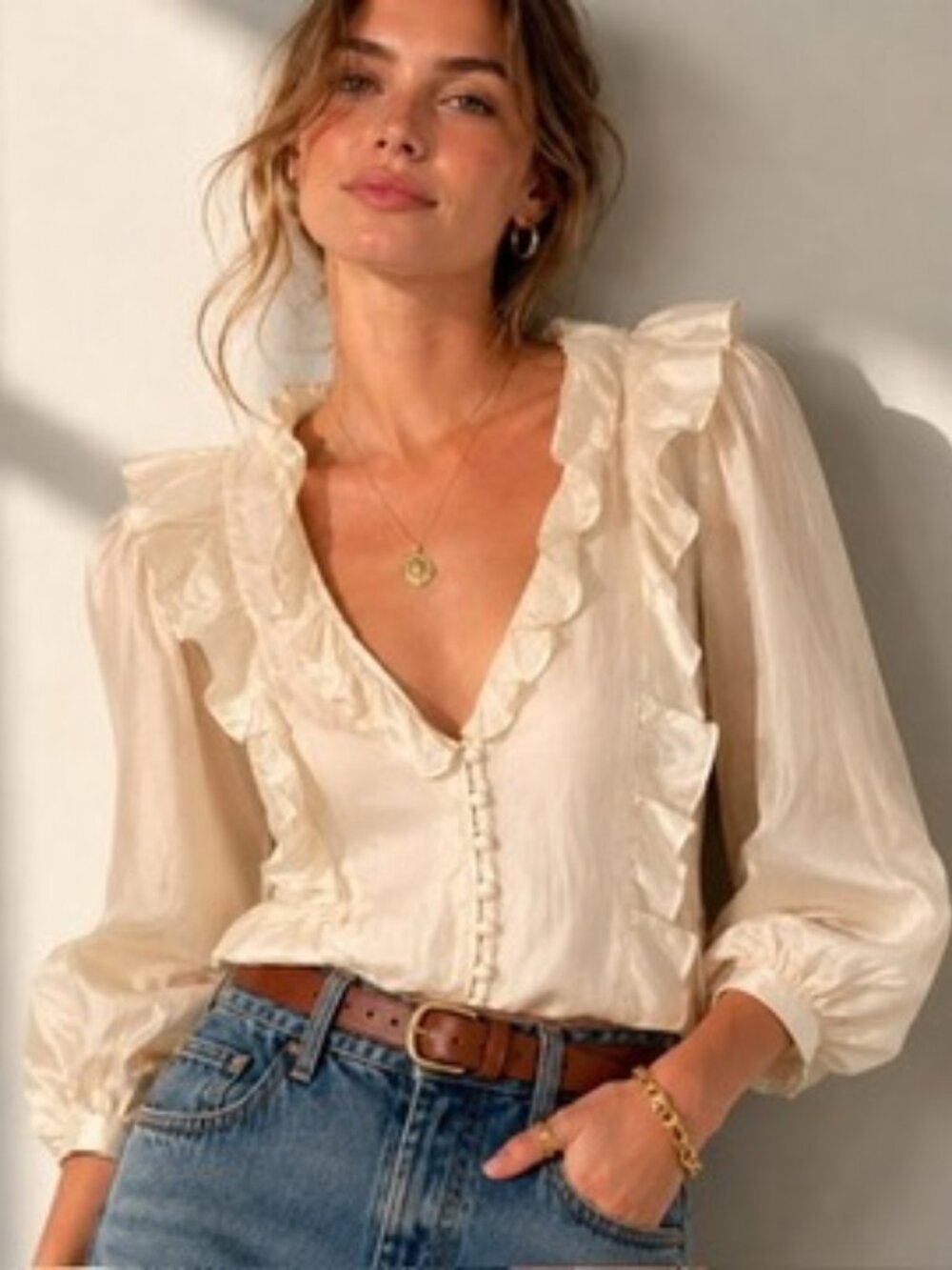 Rebecca Taylor Silk Ruffle Blouse Cream Tie Back Romantic Top Sz 2 Coquette